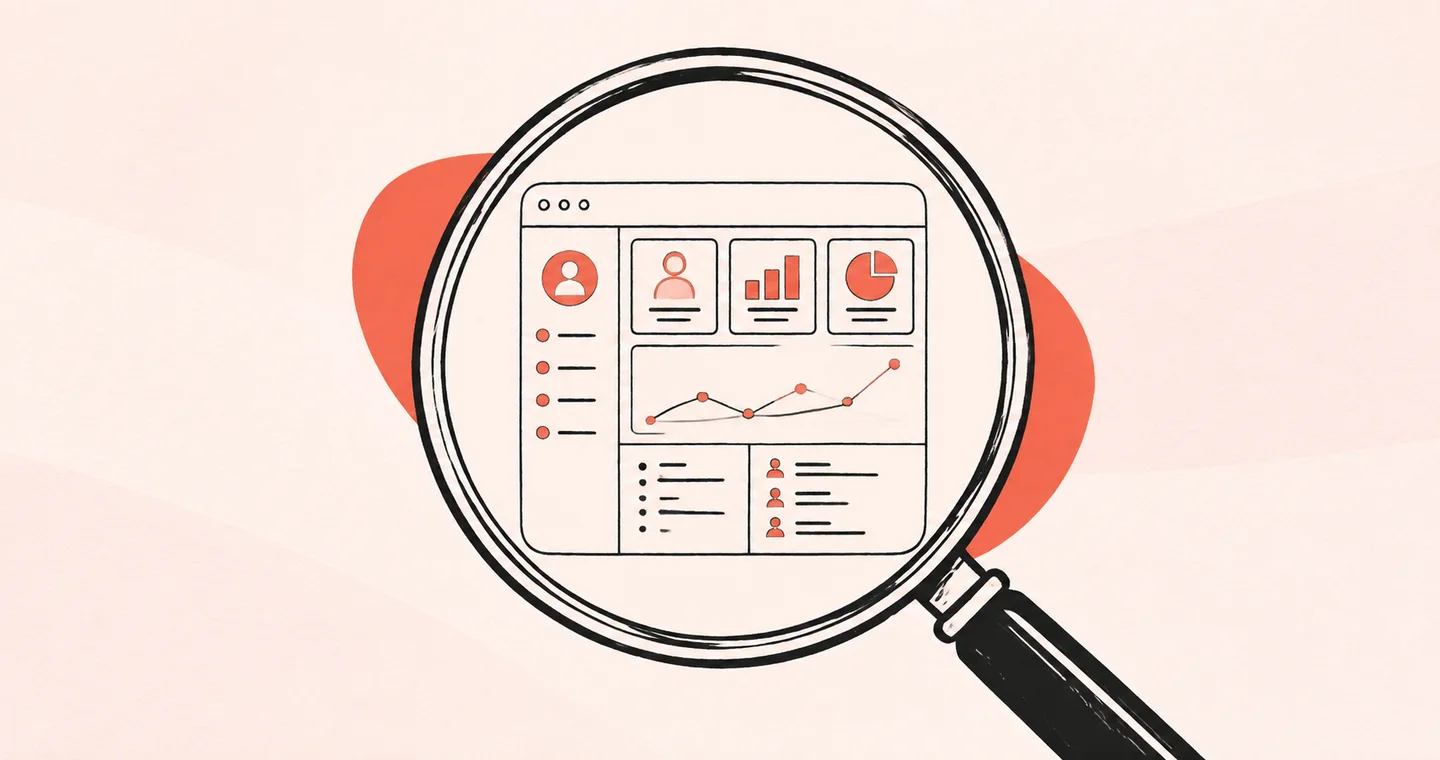 A small CRM dashboard under a magnifying glass, drawn in black ink with coral accents on lightly textured paper.